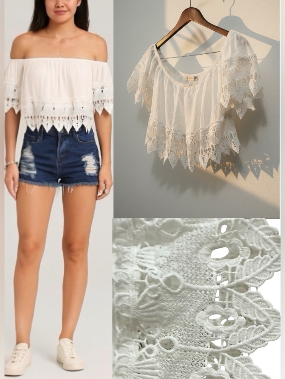 223 Iris | NWOT White Off-Shoulder Lace Hem Crop Top (Size L) - 3for15